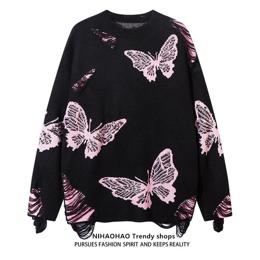 Butterfly Pattern Knit Sweater Long Sleeve Casual Pullover