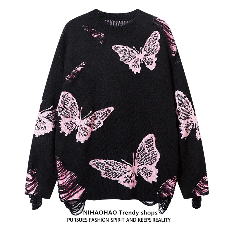 Butterfly Pattern Knit Sweater Long Sleeve Casual Pullover