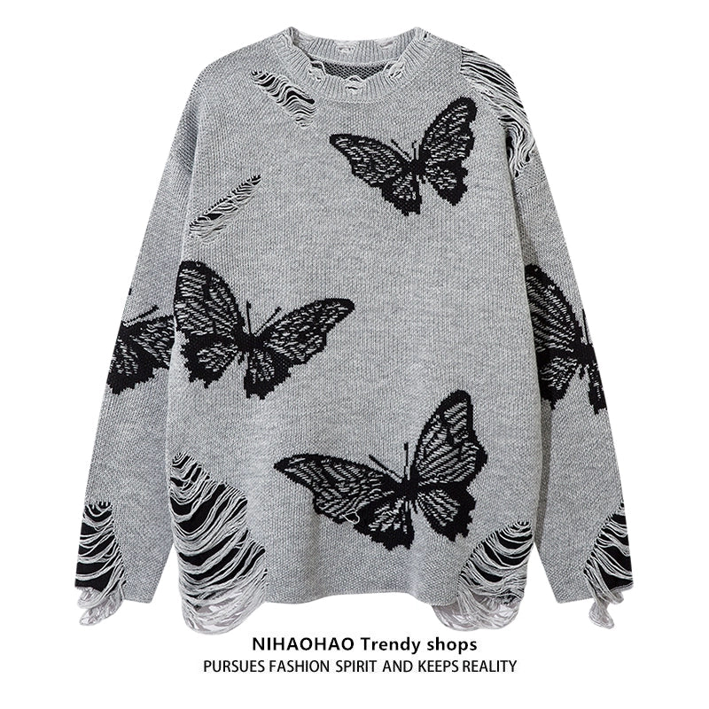 Butterfly Pattern Knit Sweater Long Sleeve Casual Pullover