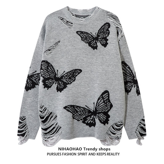 Butterfly Pattern Knit Sweater Long Sleeve Casual Pullover